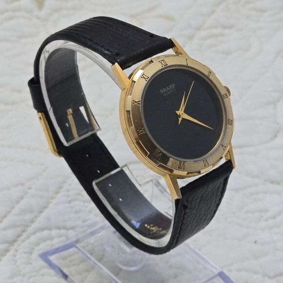 VTG Sharp Quartz Watch Gold Tone Black Dial Leather Band Unisex Japan Mvt 273811 main image 7